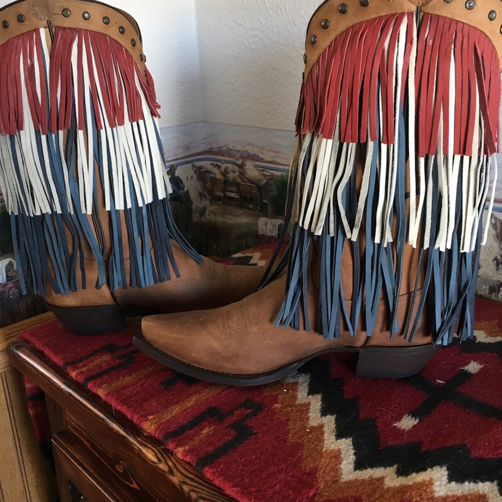 Fringed Western Heeled Boots - Brown with Red, White & Blue Fringe - Picture 4 of 7